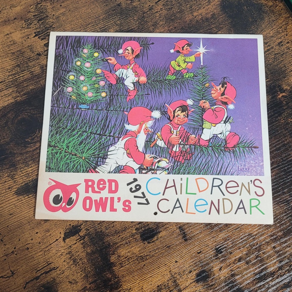 Vintage 1977‎ Red Owl Childrens Calendar 12 Month Elves Wall Calendar Art